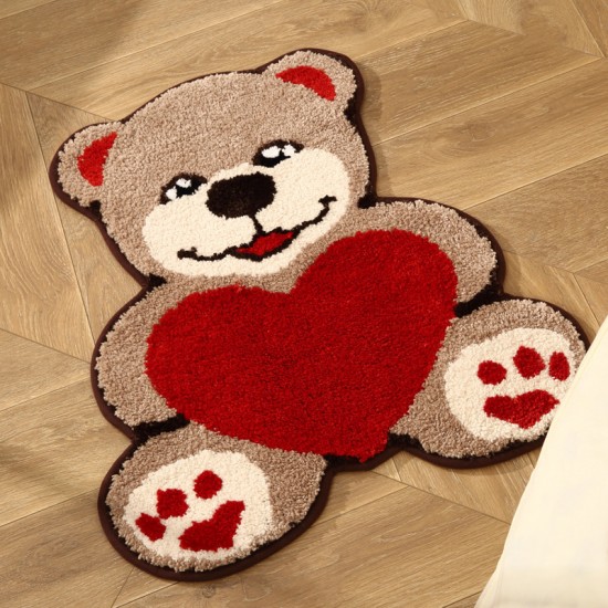 Cute heart bear bedroom bedside rug, shaped children's room mat, children's reading area mat, bedroom bedside rug.