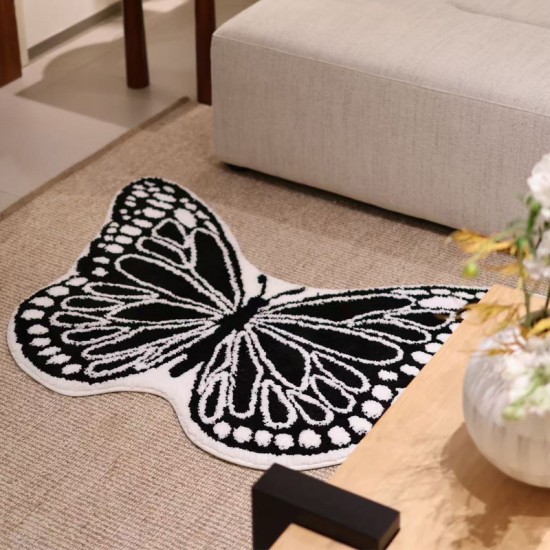 French retro bedroom carpet, luxury living room coffee table, thickened soundproof floor mat, black and white butterfly bedside mat.